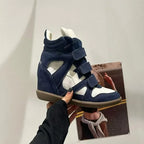 Bottines Compensées Femme Style Baskets, Croûte de Cuir – coloris bleu marine