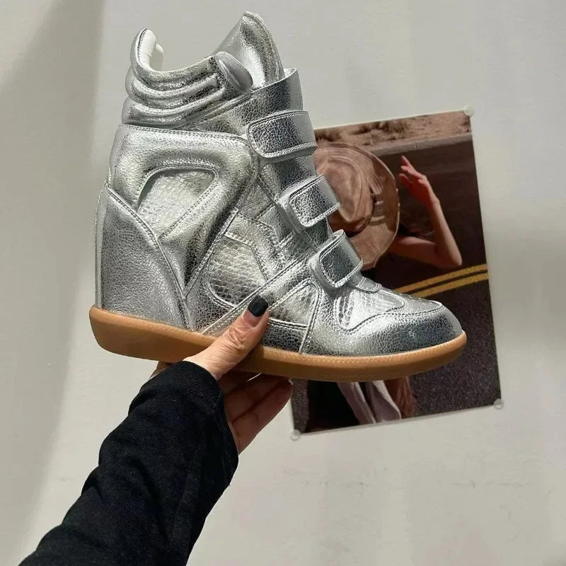 Bottines Compensées Femme Style Baskets, Croûte de Cuir – coloris argenté
