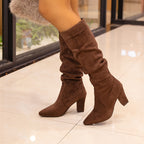 Bottes Hautes Femme Plissées, Aspect Daim, Talon Bloc Haut, vue 2