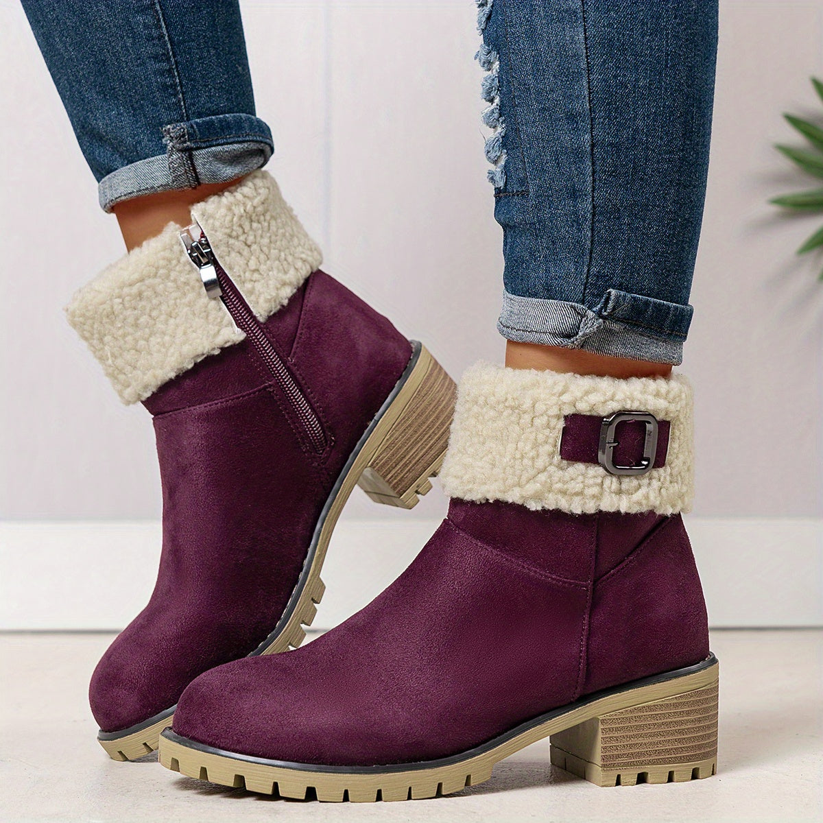 Bottes Fourrées Femme Courtes, Col Sherpa, Aspect Daim – coloris bordeaux