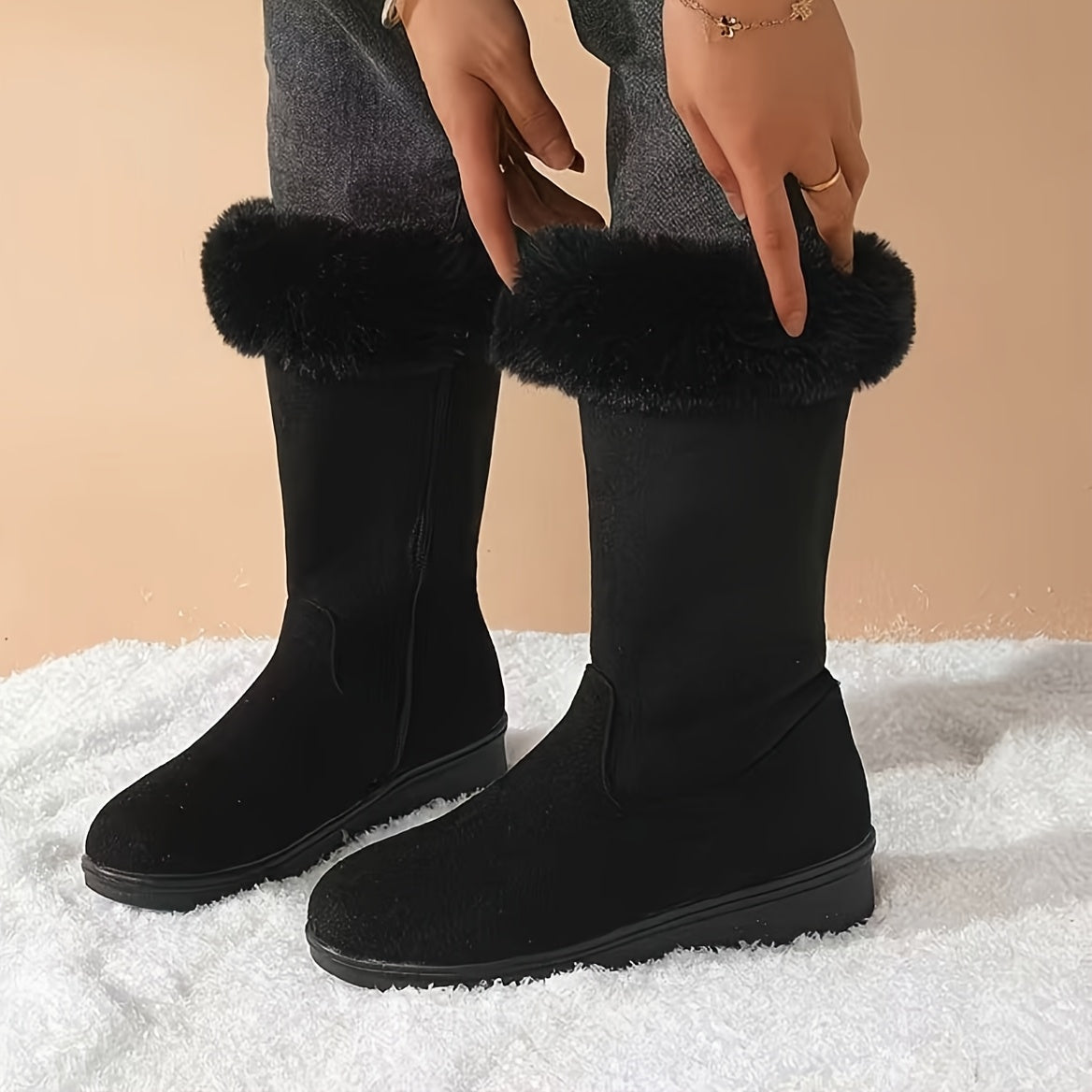 Bottes Mi-Mollet Femme, Col Fausse Fourrure – coloris noir