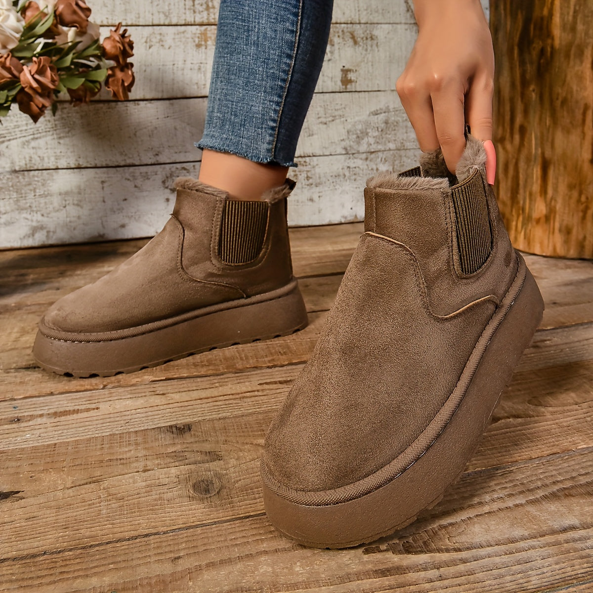 Bottines Chelsea Plateforme Femme, Col Fourrure – coloris marron