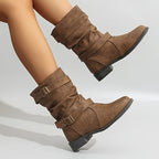 Bottes Mi-Mollet Femme Similicuir Vieilli, Double Boucle – coloris marron