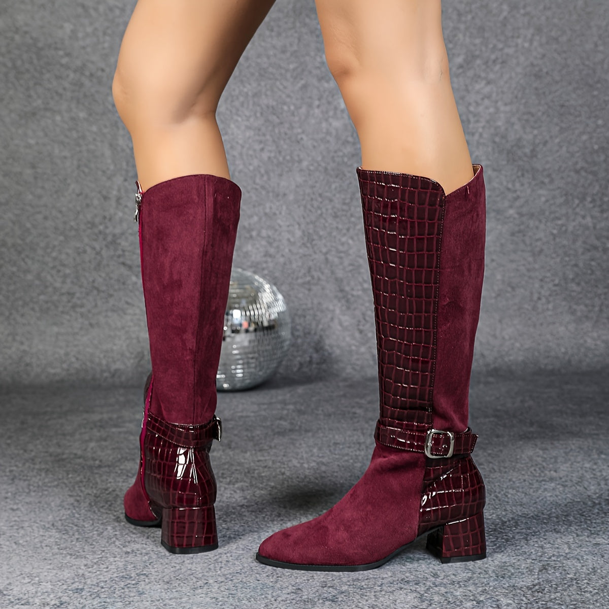 Bottes Hautes Femme Aspect Daim, Empiècement Effet Croco, vue 3