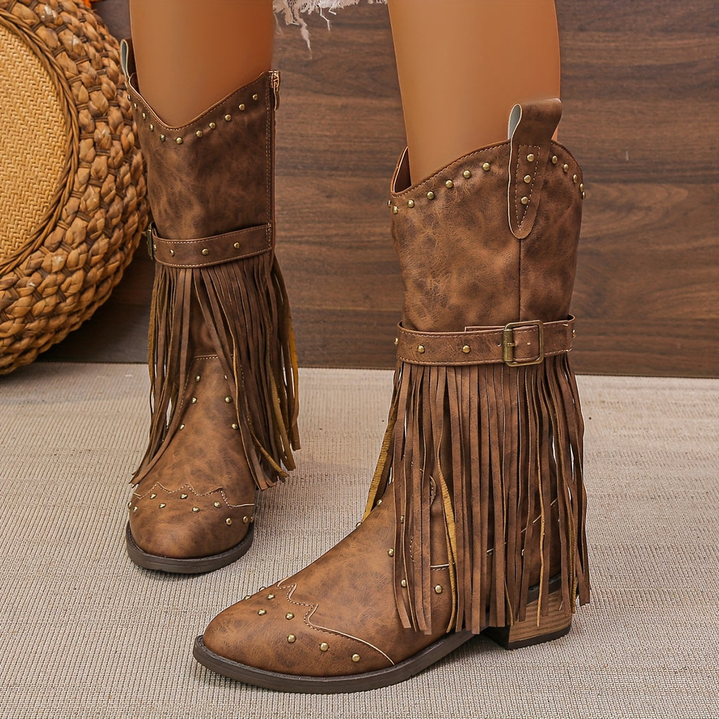 Bottes Femme Similicuir, Franges et Clous, vue 3