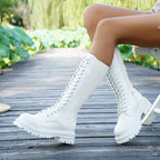 Bottes à Lacets Femme Similicuir, Plateforme Crantée, Zip – coloris blanc