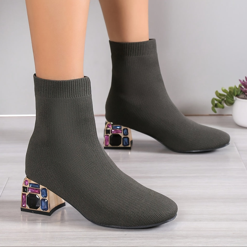 Bottes Chaussettes Femme en Maille, Talon Bloc Fantaisie – coloris vert fougère