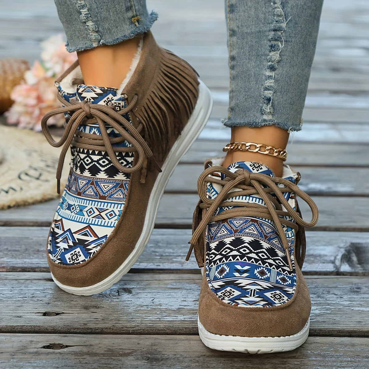 Bottines Mocassin Femme, Franges et Imprimé Aztèque, vue 11