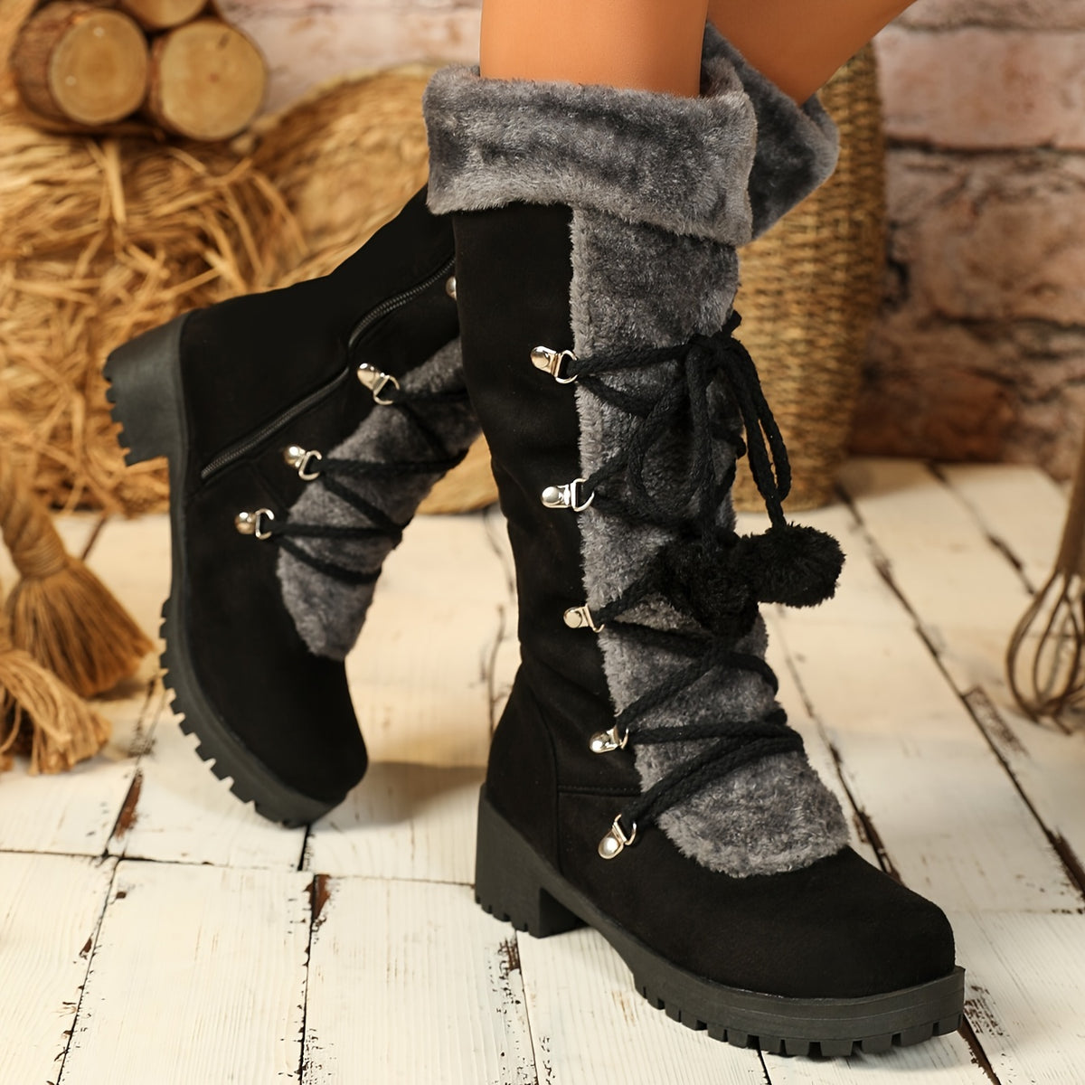 Bottes Femme Hautes à Lacets, Fourrure et Pompon, vue 9