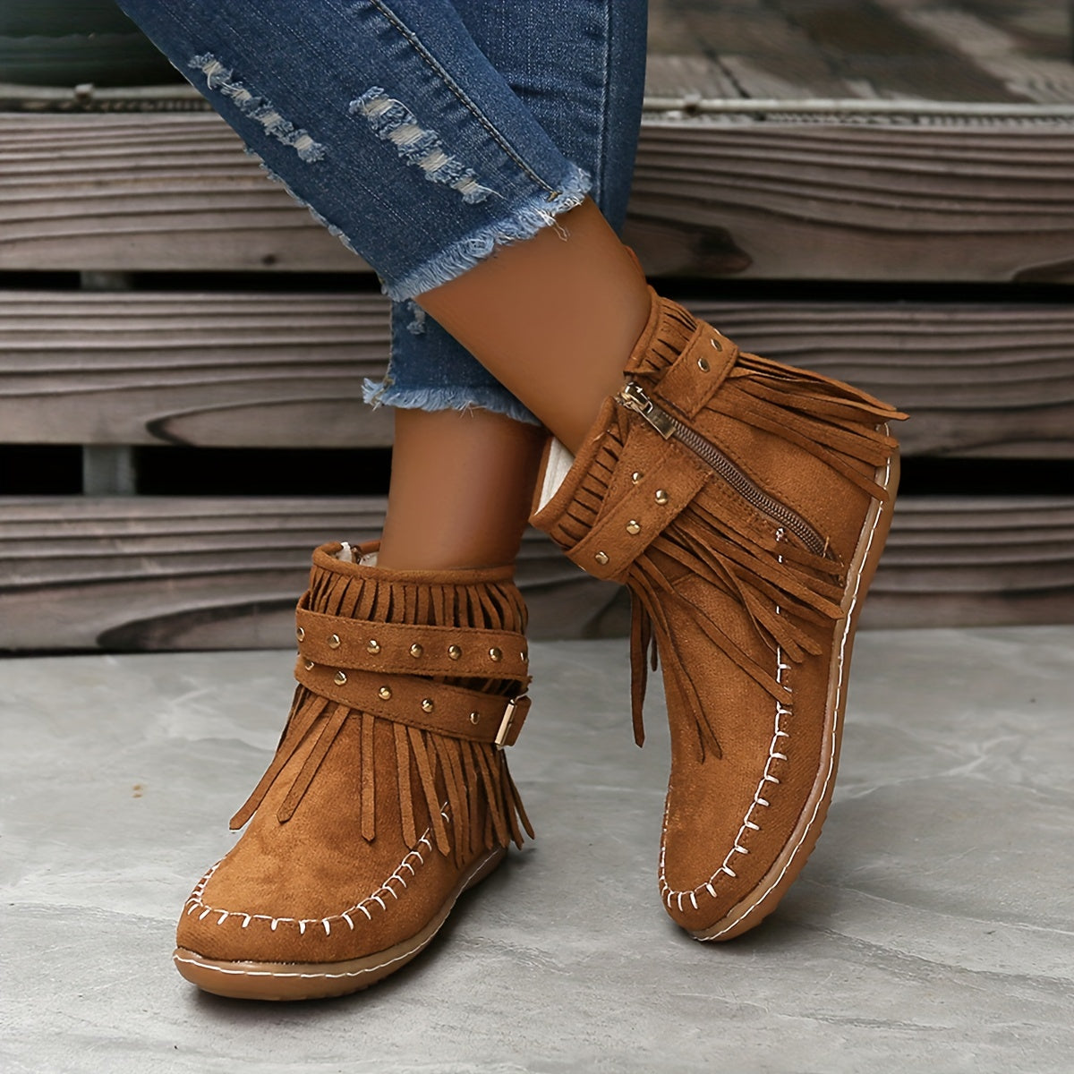 Bottines Femme à Franges Cloutées, Zip, vue 5