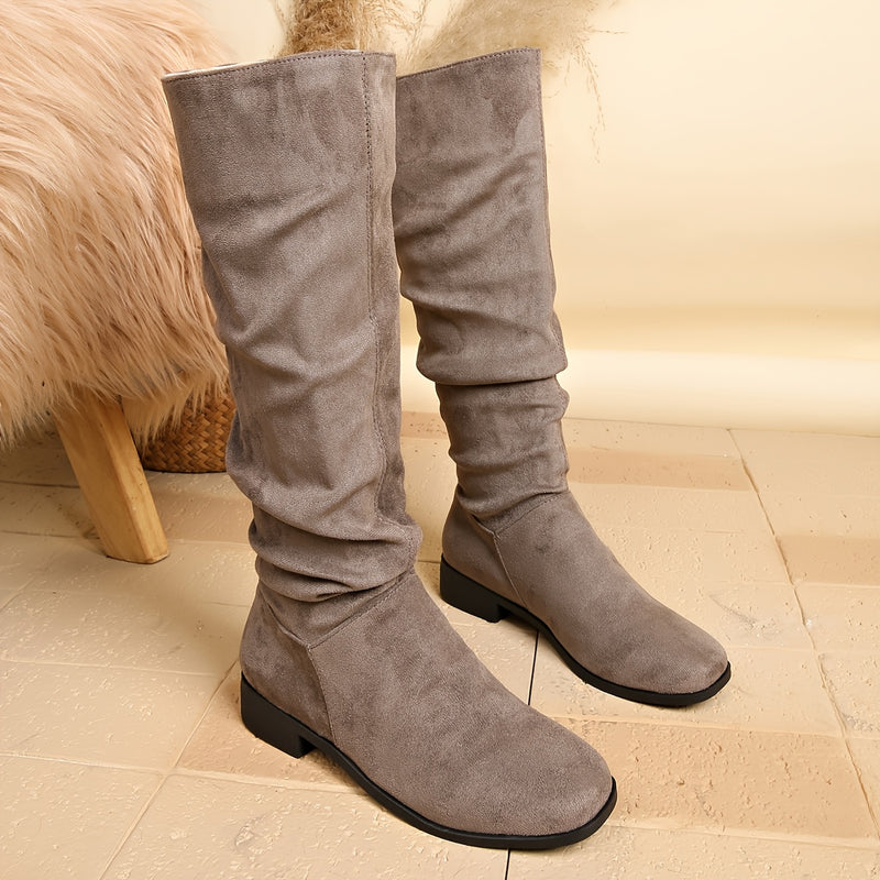 Bottes Plates Femme Hautes, Aspect Daim, Tige Froncée – coloris gris