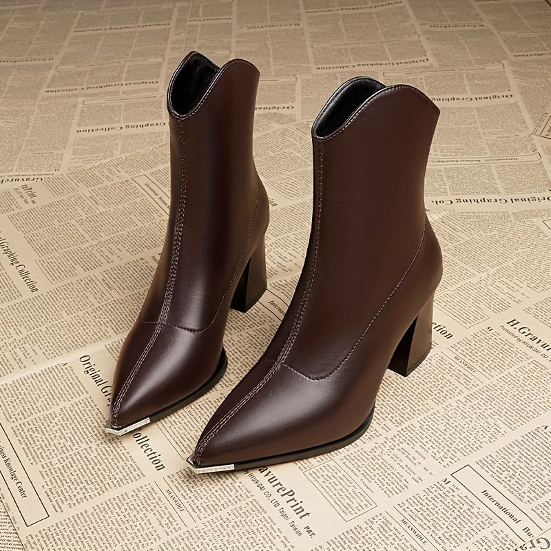 Bottines Femme Bout Pointu Métal, Talon Bloc, Doublure au Choix – coloris marron, doublure peluche, vue 2