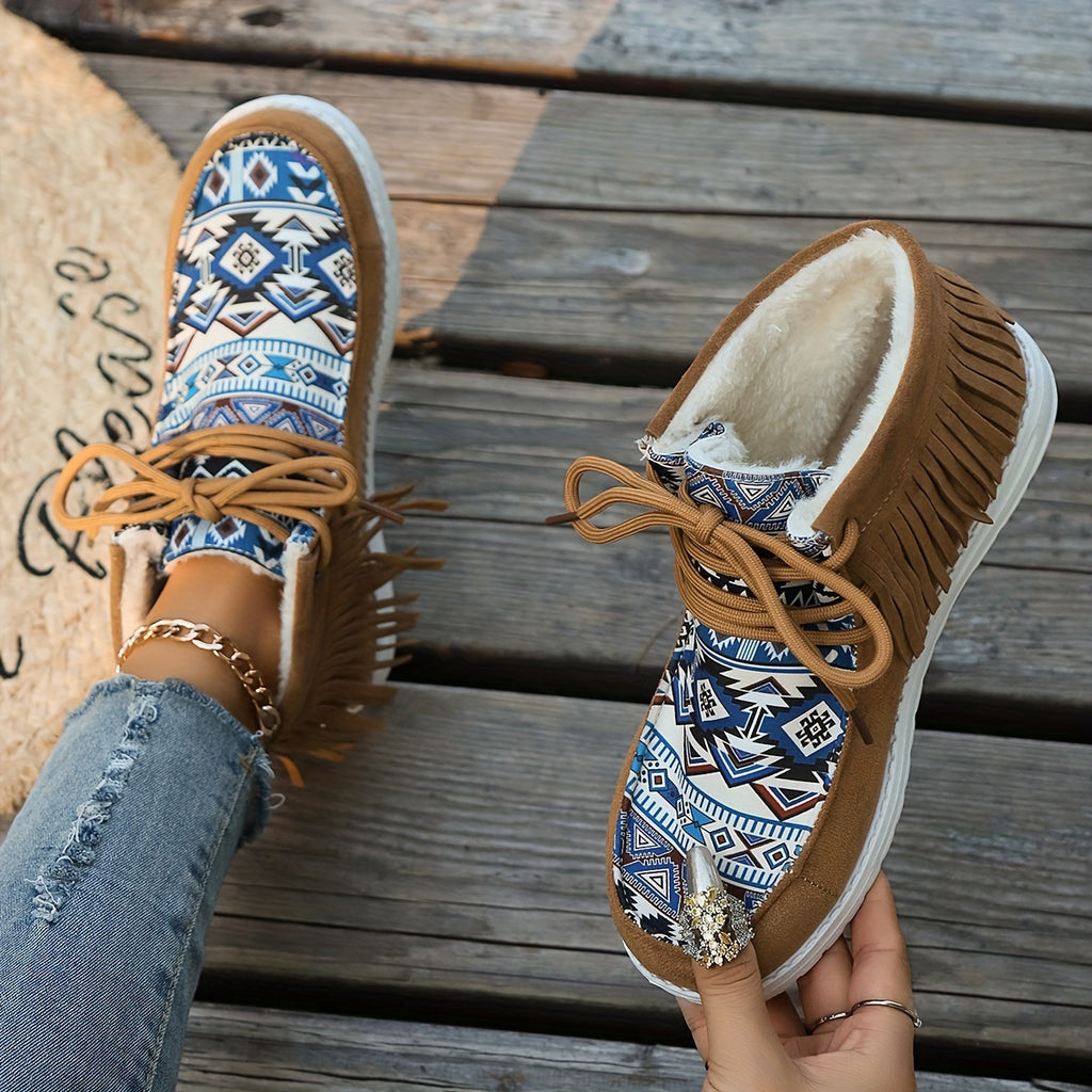 Bottines Mocassin Femme, Franges et Imprimé Aztèque, vue 3