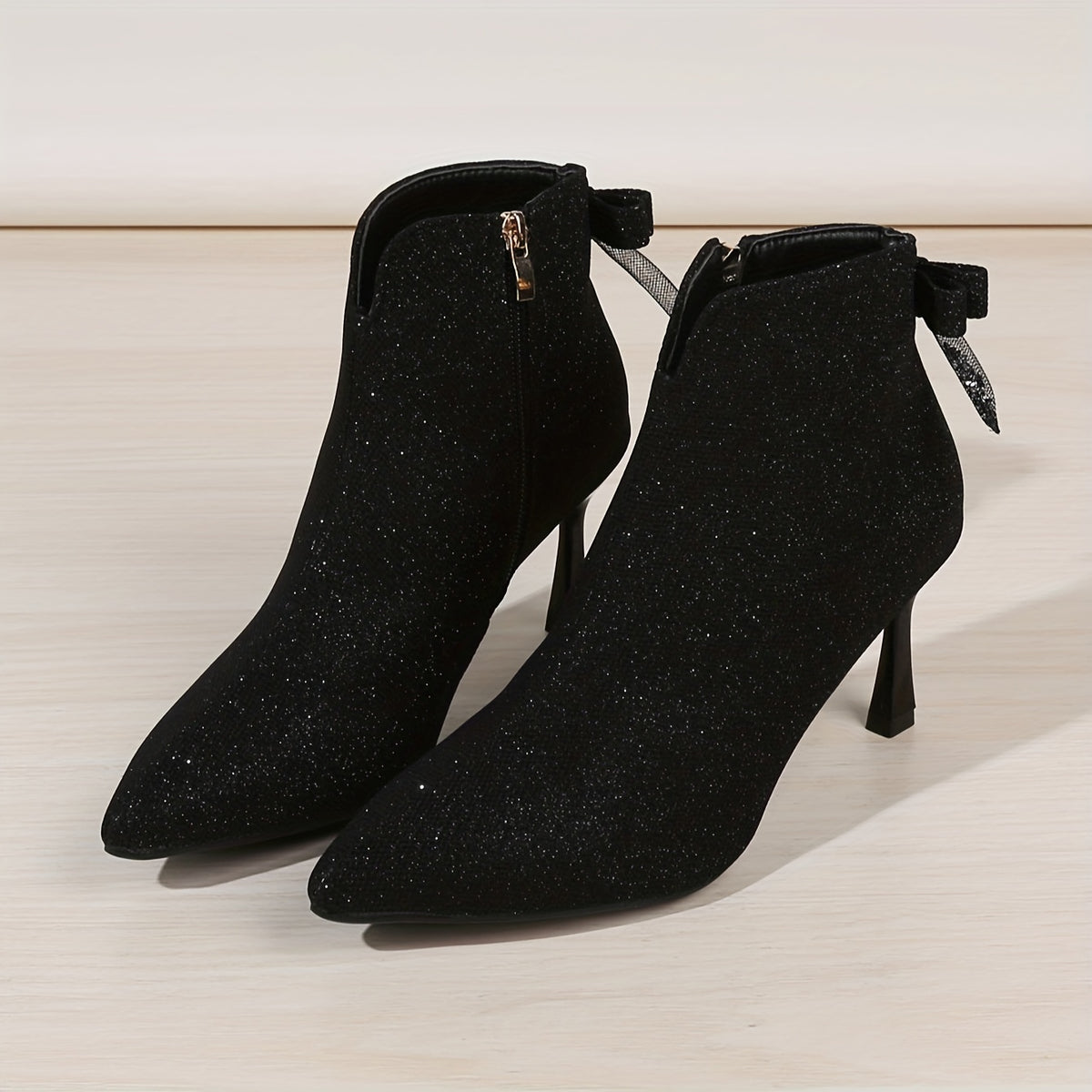 Bottines Pailletées Femme en Tissu, Talon Aiguille, Nœud – coloris noir