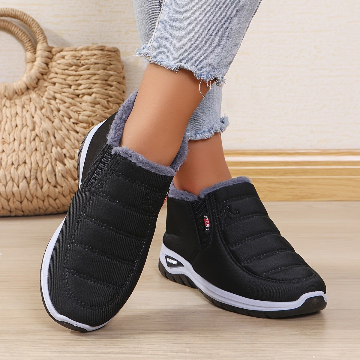 Bottines Femme Flanelle, Antidérapantes, à Enfiler – coloris noir