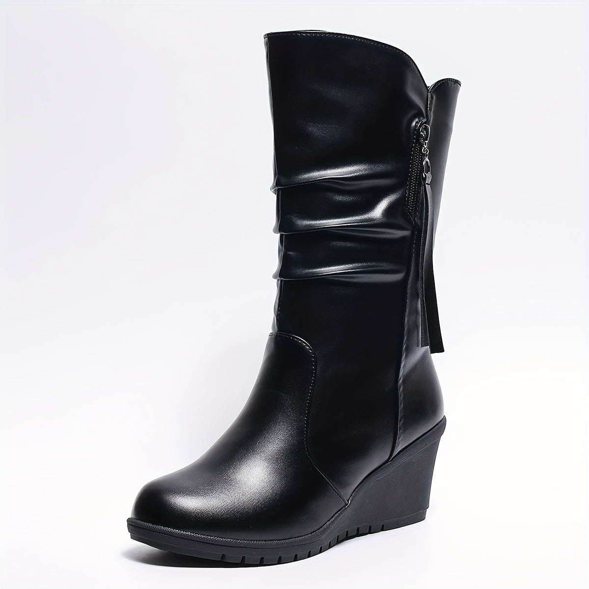 Bottes Compensées Femme Mi-Mollet, Similicuir Noir Froncé – coloris noir