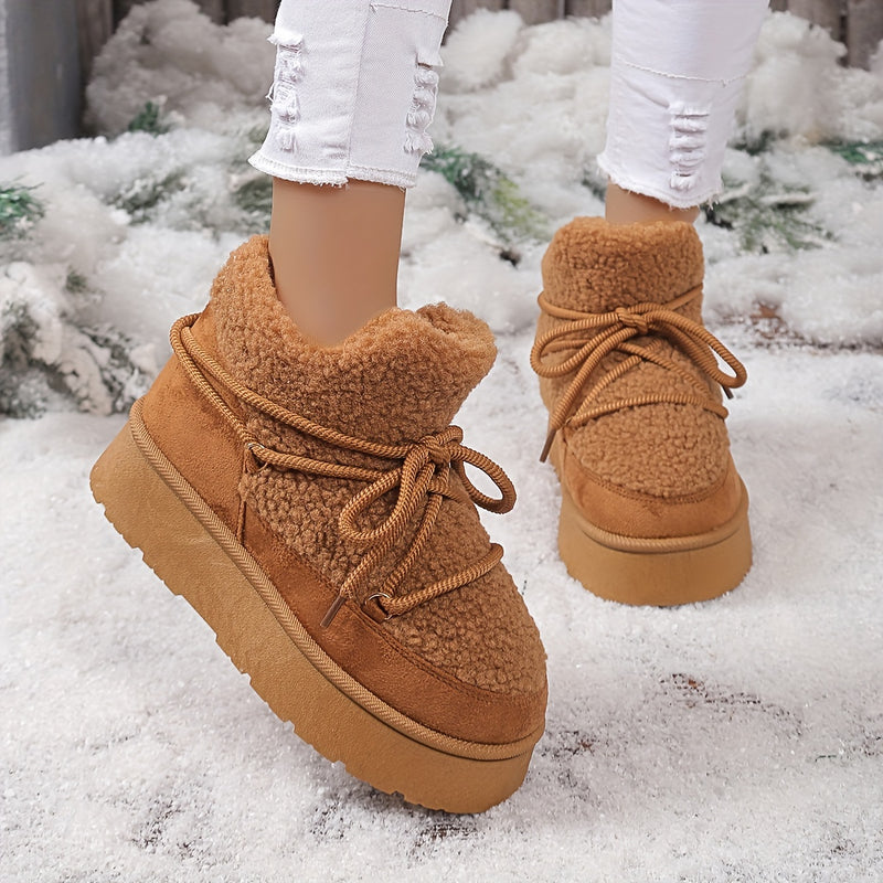 Bottines Fourrées Femme Plateforme, Peluche, Lacets Noués – coloris camel