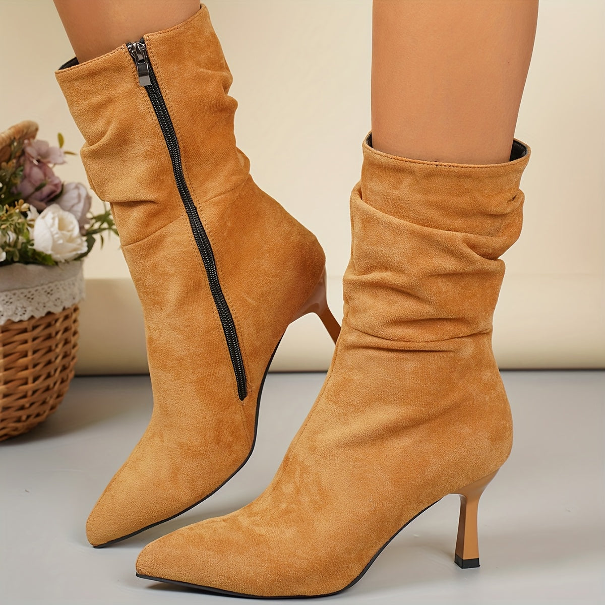 Bottes Daim Femme, Talon Fin Plissé, vue 15