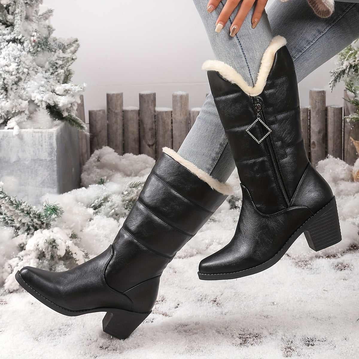 Bottes Mi-Hautes Femme Similicuir, Col Fourrure, Talon Bloc, vue 4