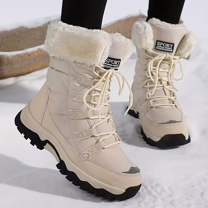Bottes de Neige Femme Hautes à Lacets, Col Fourrure – coloris beige