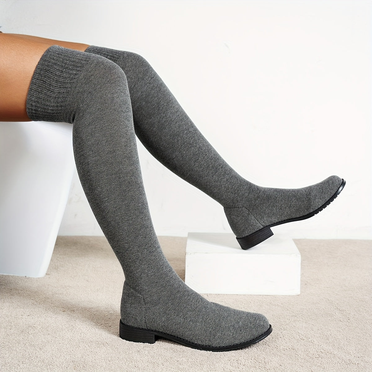 Cuissardes Femme en Maille Extensible, Talon Plat, vue 7