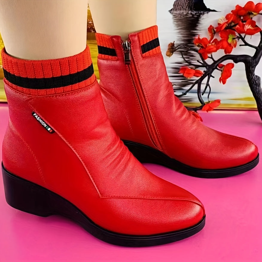 Bottines Compensées Femme, Doublure Peluche, Col Côtelé – coloris rouge