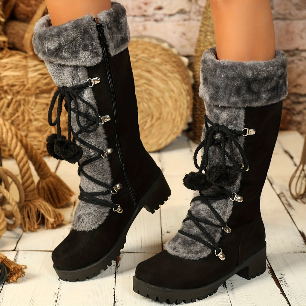 Bottes Femme Hautes à Lacets, Fourrure et Pompon, vue 8