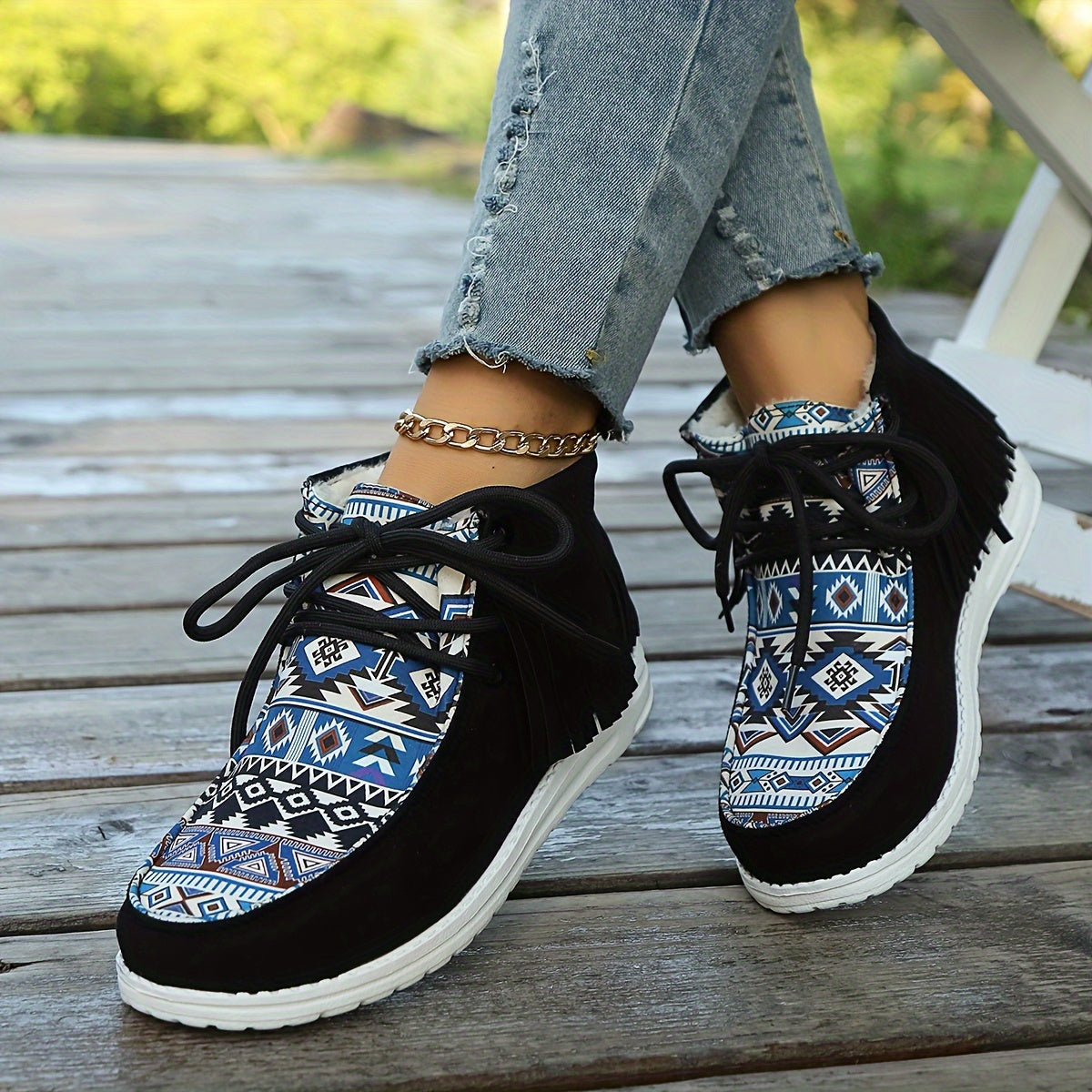 Bottines Mocassin Femme, Franges et Imprimé Aztèque, vue 7
