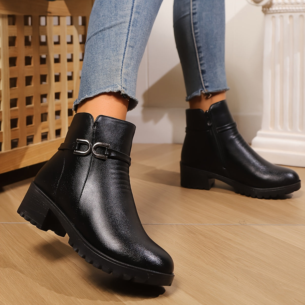 Bottines Femme Similicuir à Boucle, Talon Bloc, Zip, vue 2