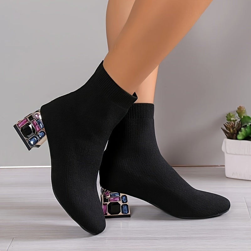 Bottes Chaussettes Femme en Maille, Talon Bloc Fantaisie, vue 3