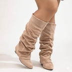 Bottes Tombantes Femme Mollet Large, Aspect Daim, Bout Pointu – coloris abricot