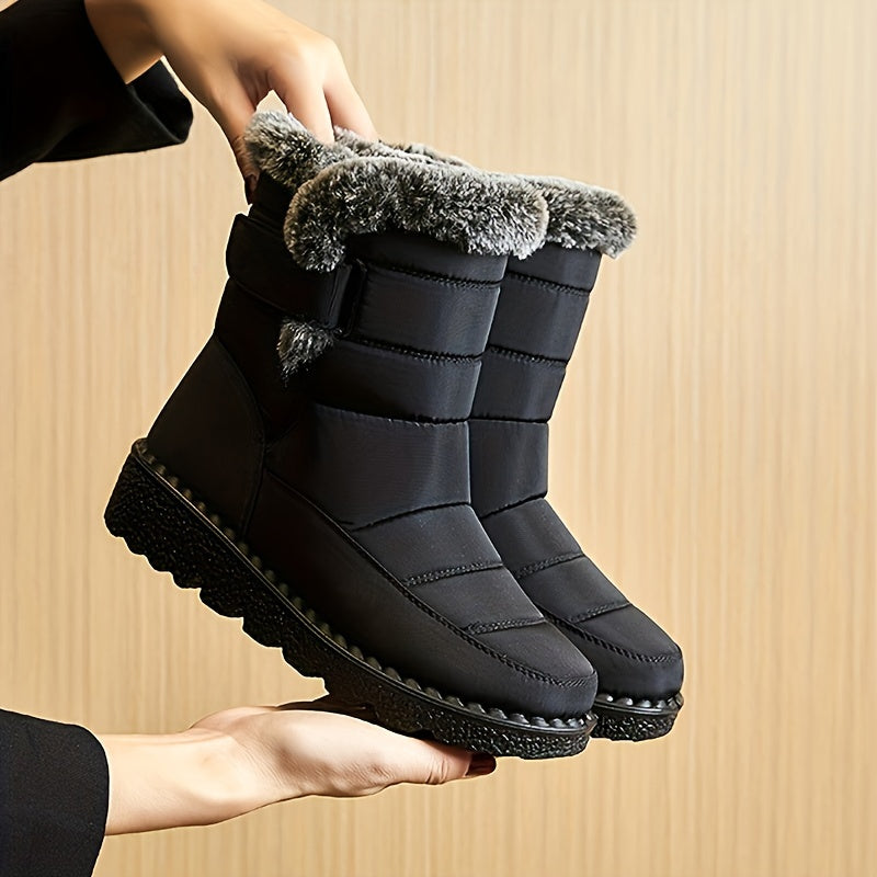 Bottes de Neige Femme Courtes, Col Fourrure, Bride – coloris noir