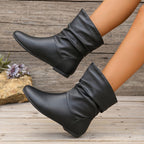 Bottes Plates Femme Similicuir, Tige Froncée – coloris noir