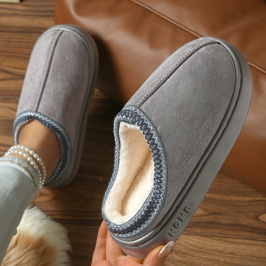 Chaussons Bottes Femme Aspect Daim, Col Brodé, Plateforme – coloris gris