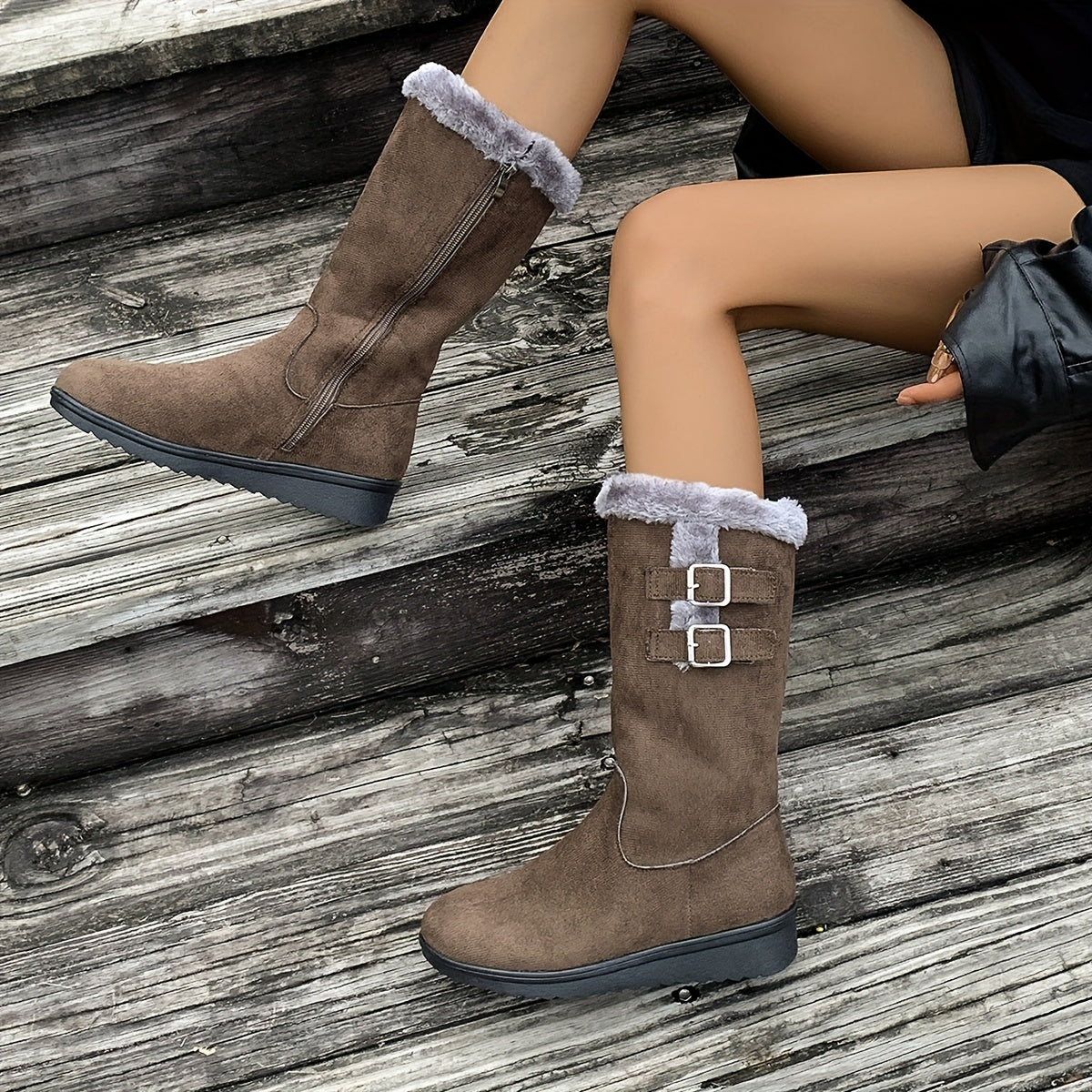Bottes Femme Mi-Mollet, Flanelle et Velours Côtelé – coloris café
