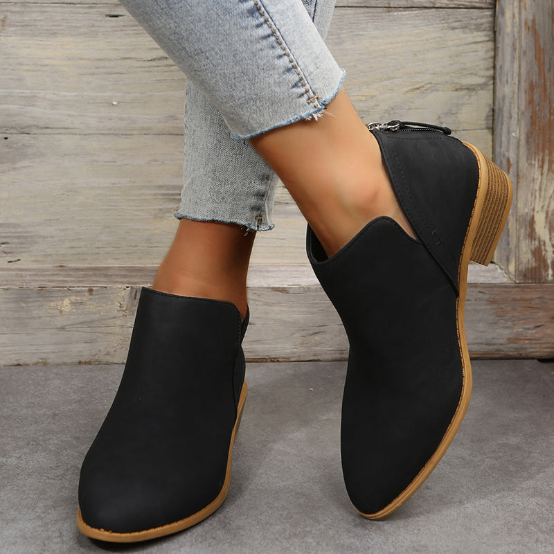 Bottines Femme Bout Pointu, Aspect Daim, Talon Bas – coloris noir