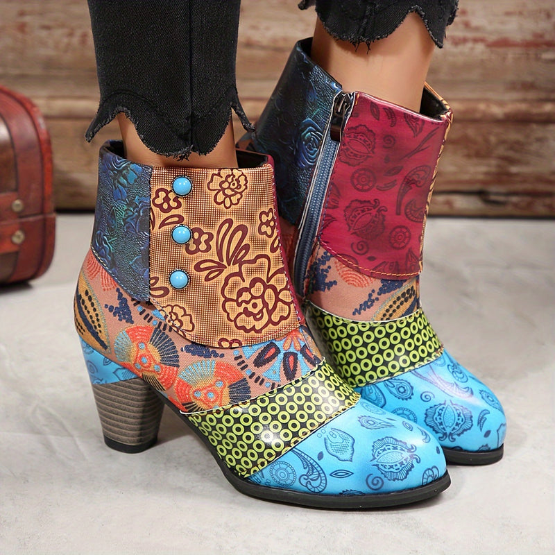 Bottines Femme Similicuir, Motif Fleuri – coloris bleu
