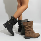 Bottes Mi-Mollet Femme Similicuir Vieilli, Double Boucle