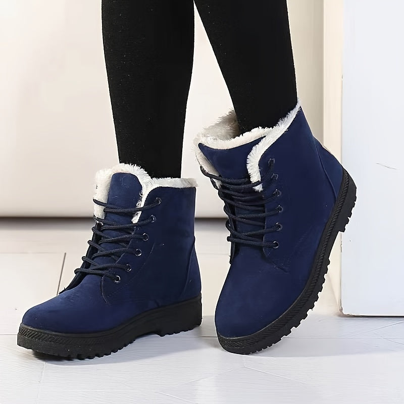 Bottes Fourrées Femme à Lacets, Aspect Daim, Col Peluche – coloris bleu