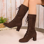 Bottes à Lacets Femme Mi-Mollet, Talon Bloc Haut