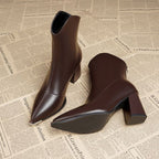 Bottines Femme Bout Pointu Métal, Talon Bloc, Doublure au Choix – coloris marron, doublure simple