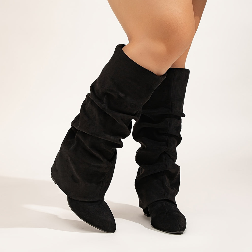 Bottes Tombantes Femme Mollet Large, Aspect Daim, Bout Pointu – coloris noir