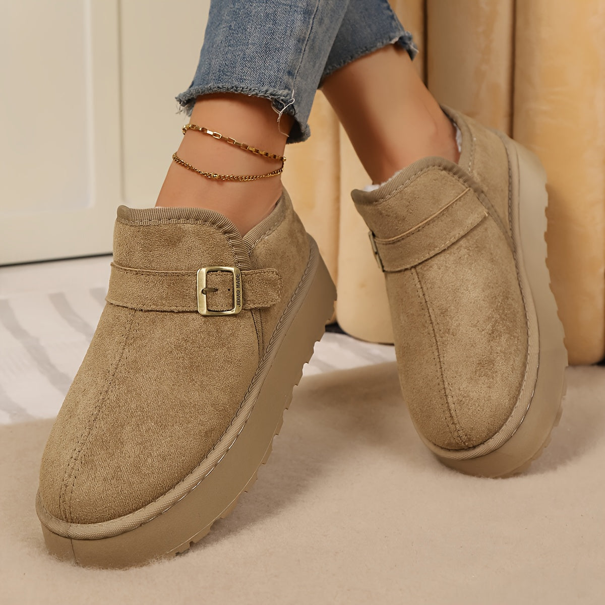 Bottines Plateforme Femme Aspect Daim, Sangle à Boucle – coloris kaki