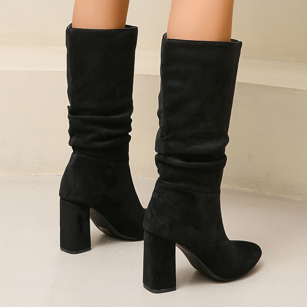 Bottes Mi-Mollet Femme Plissées, Aspect Daim, Talon Haut, vue 4