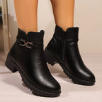 Bottines Femme Similicuir à Boucle, Talon Bloc, Zip – coloris noir