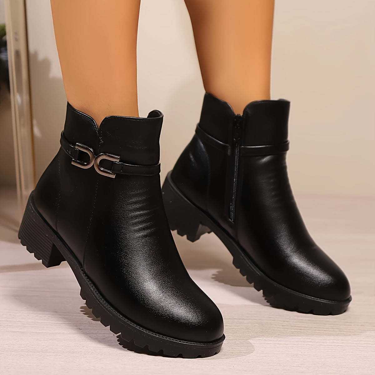 Bottines Femme Similicuir à Boucle, Talon Bloc, Zip – coloris noir
