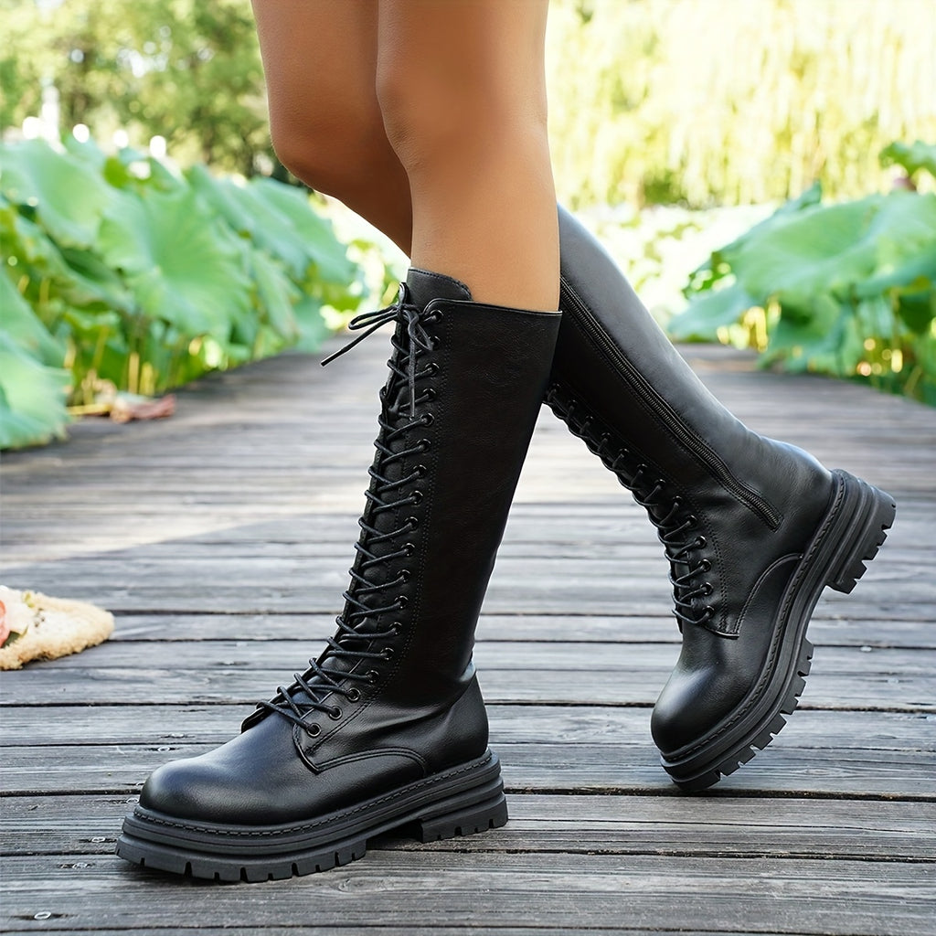 Bottes à Lacets Femme Similicuir, Plateforme Crantée, Zip