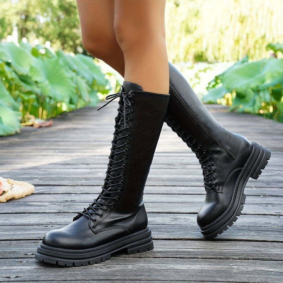 Bottes à Lacets Femme Similicuir, Plateforme Crantée, Zip