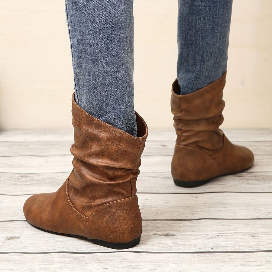 Bottes Plates Femme Similicuir, Tige Froncée – coloris marron clair
