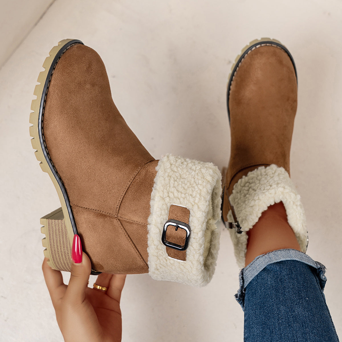 Bottes Fourrées Femme Courtes, Col Sherpa, Aspect Daim, vue 16